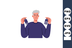 Man holding two price tags in purple sweater shopping concep Product Image 1
