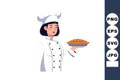 Female chef holding freshly baked pie in uniform and hat vec Product Image 1