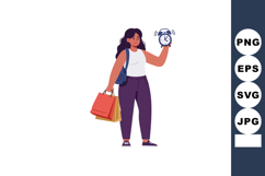 Woman holding alarm clock and shopping bags in casual outfit Product Image 1