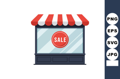 Retail shop window with red sale sign and striped awning vec Product Image 1