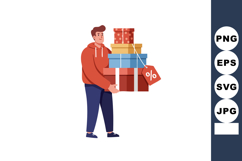Man carrying stack of wrapped gift boxes with discount tag i Product Image 1