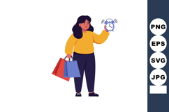 Woman holding alarm clock and shopping bags illustrating tim Product Image 1