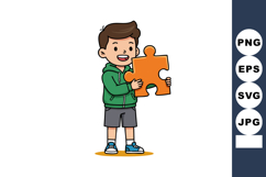 Boy holding large orange puzzle piece standing happy and smi Product Image 1