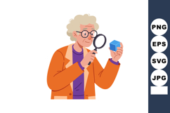 Elderly woman examining blue cube with magnifying glass wear Product Image 1