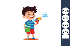 Boy playing with water gun and green bucket happy summer fun Product Image 1