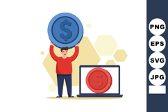 Man holding large blue coin above laptop with red coin finan Product Image 1