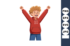 Happy boy celebrating with raised hands wearing red hoodie a Product Image 1