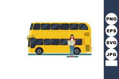 Double Decker Yellow Bus with Woman Traveler Holding Map Urb Product Image 1