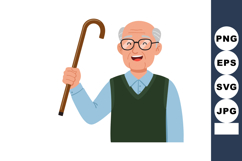 Elderly man smiling holding wooden cane wearing glasses and Product Image 1
