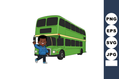Green double decker bus with happy boy waving in front on wh Product Image 1