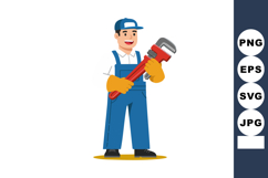 Plumber holding adjustable pipe wrench wearing blue overalls Product Image 1