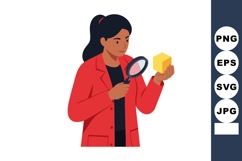 Woman examining yellow cube with magnifying glass in red jac Product Image 1