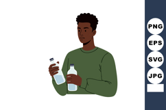 Young man holding two glass bottles with thoughtful expressi Product Image 1