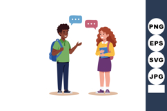 Two students talking with backpacks and books casual friendl Product Image 1