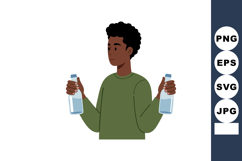 Young man holding two clear water bottles in casual green sw Product Image 1