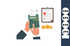 Calculator with hands pressing buttons next to clipboard and Product Image 1