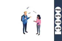 Young man and woman talking with casual posture holding book Product Image 1