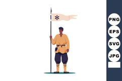 Medieval soldier holding a flag with medieval symbol in trad Product Image 1