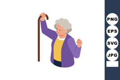 Elderly woman holding wooden cane with gray hair wearing pur Product Image 1