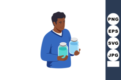 Man holding two glass jars filled with liquid wearing blue s Product Image 1