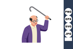 Elderly man raising walking cane in purple sweater and glass Product Image 1