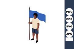 Young man holding blue flag standing with spear in casual cl Product Image 1