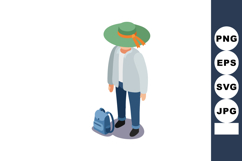 Isometric young person wearing green wide brim hat with oran Product Image 1