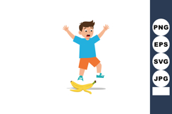 Boy slipping on banana peel with surprised expression in cas Product Image 1