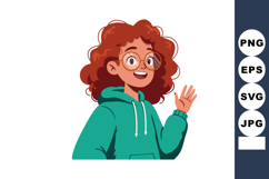 Red Hair Girl Wearing Green Hoodie Waving Hand Cheerfully Fr Product Image 1