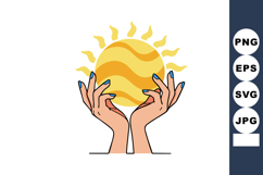 Hands Holding Glowing Yellow Sun Symbol with Blue Nail Polis Product Image 1