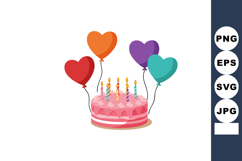 Birthday cake with colorful heart-shaped balloons and lit ca Product Image 1