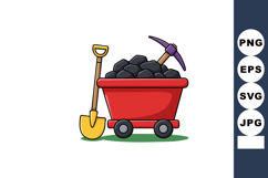 Red mining cart filled with coal next to shovel and pickaxe Product Image 1