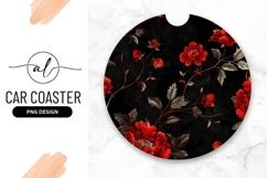 Red Flowers On Black Round Car Coaster Png Product Image 1