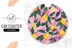 Lemon Branches Pink Background Round Car Coaster Product Image 1