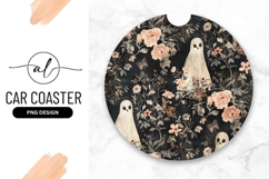 Ghostly Floral Halloween Design Round Car Coaster Product Image 1