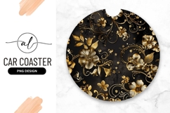Golden Flowers On Black Round Car Coaster Product Image 1