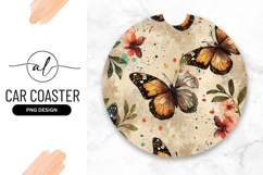 Round car coaster with butterfly and floral design Product Image 1