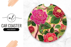 Embroidered Pink Red Flowers Round Car Coaster Product Image 1