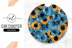 Round car coaster with blue and yellow floral design Product Image 1