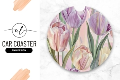 Round car coaster with floral tulip design Product Image 1