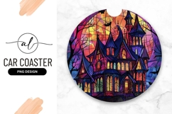 Stained glass haunted castle round car coaster Product Image 1