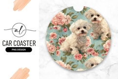 Round car coaster with floral maltese dogs design Product Image 1