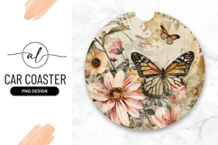 Round car coaster with floral and butterfly design Product Image 1