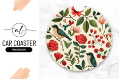 Round car coaster with floral and bird design Product Image 1