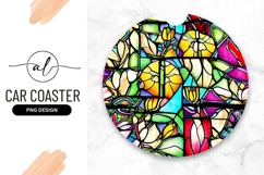 Colorful Floral Stained Glass Round Car Coaster Png Product Image 1
