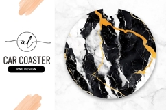 Black And Gold Marble Round Car Coaster Png Product Image 1