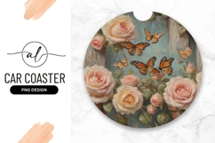 Roses And Butterflies Round Car Coaster Png Product Image 1