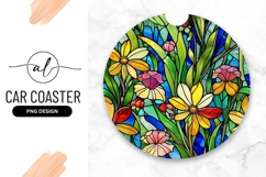 Stained Glass Floral Design Round Car Coaster Png Product Image 1