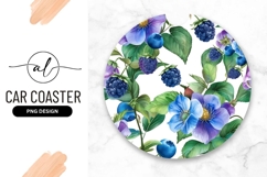 Watercolor Round Car Coaster Png with Blueberries Product Image 1