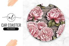 Pink Peonies On Wood Round Car Coaster Product Image 1